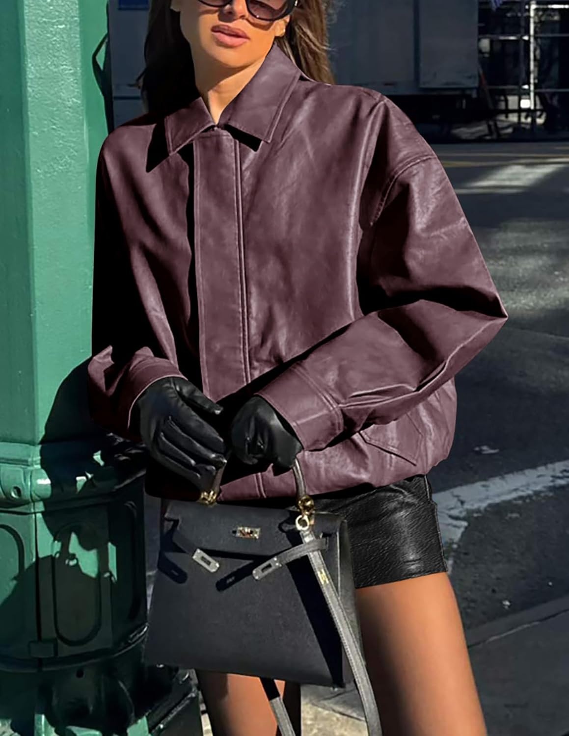 image:imagePRETTYGARDEN Womens Faux Leather Motorcycle Jackets Trendy Fall Spring Clothes Long Sleeve Collared Zip Up Buttons Loose Fit Oversized Jacket Winter Coats Going Out OutfitsPurple