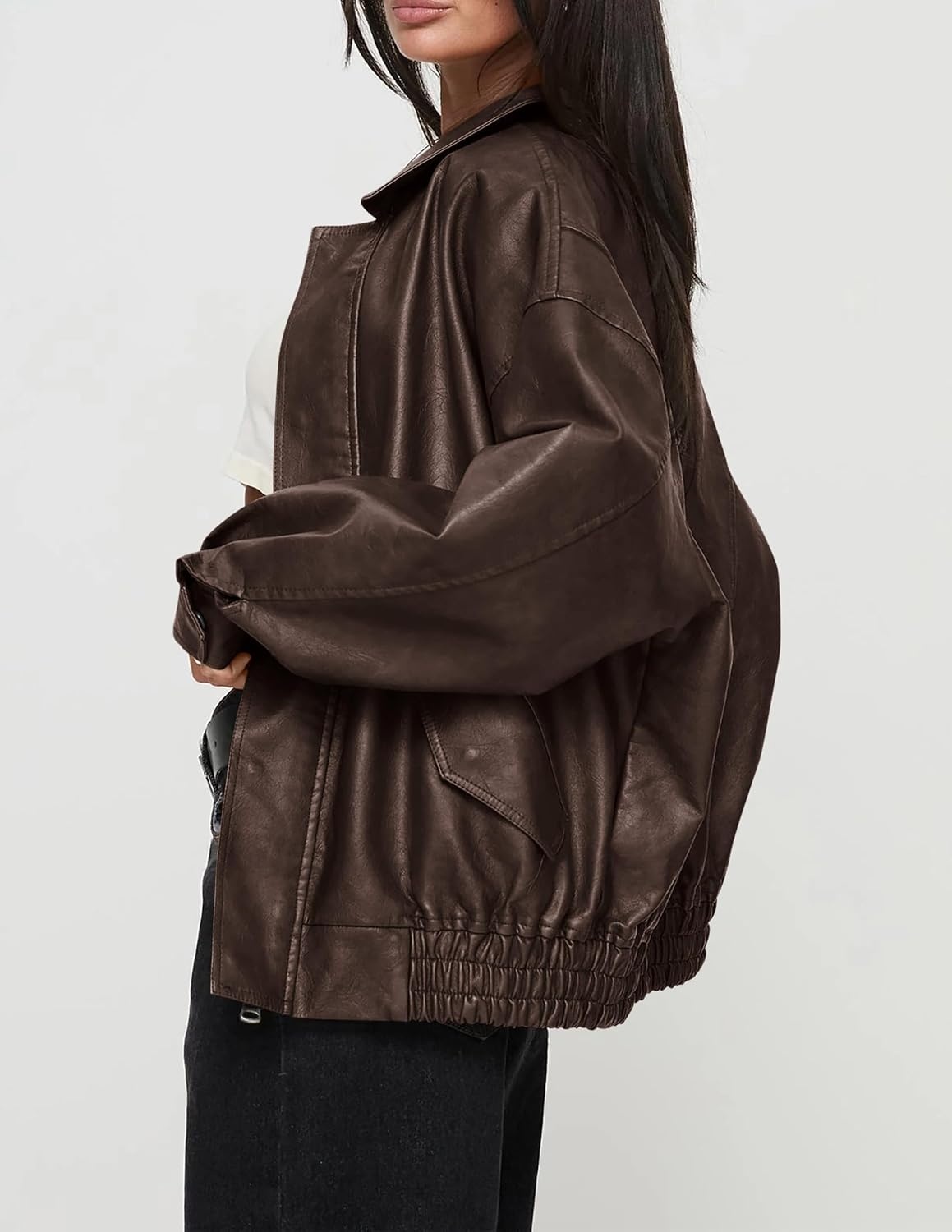 image:imagePRETTYGARDEN Womens Faux Leather Motorcycle Jackets Trendy Fall Spring Clothes Long Sleeve Collared Zip Up Buttons Loose Fit Oversized Jacket Winter Coats Going Out OutfitsDark Coffee