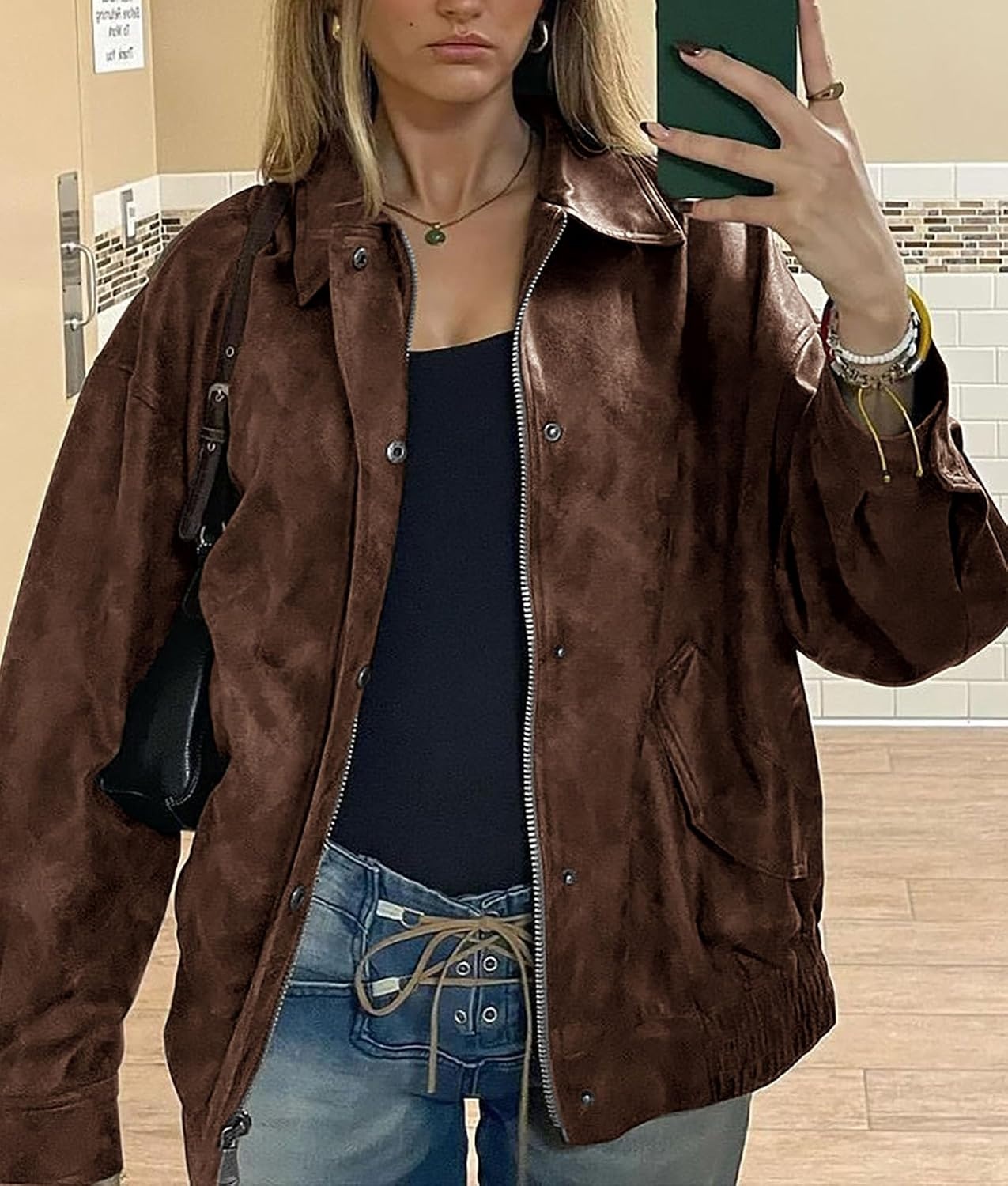 image:imagePRETTYGARDEN Womens Faux Leather Motorcycle Jackets Trendy Fall Spring Clothes Long Sleeve Collared Zip Up Buttons Loose Fit Oversized Jacket Winter Coats Going Out OutfitsStyle2brown