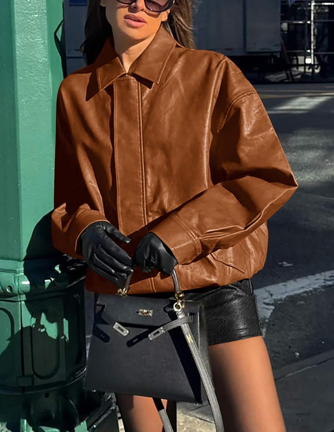image:imagePRETTYGARDEN Womens Faux Leather Motorcycle Jackets Trendy Fall Spring Clothes Long Sleeve Collared Zip Up Buttons Loose Fit Oversized Jacket Winter Coats Going Out OutfitsBrown