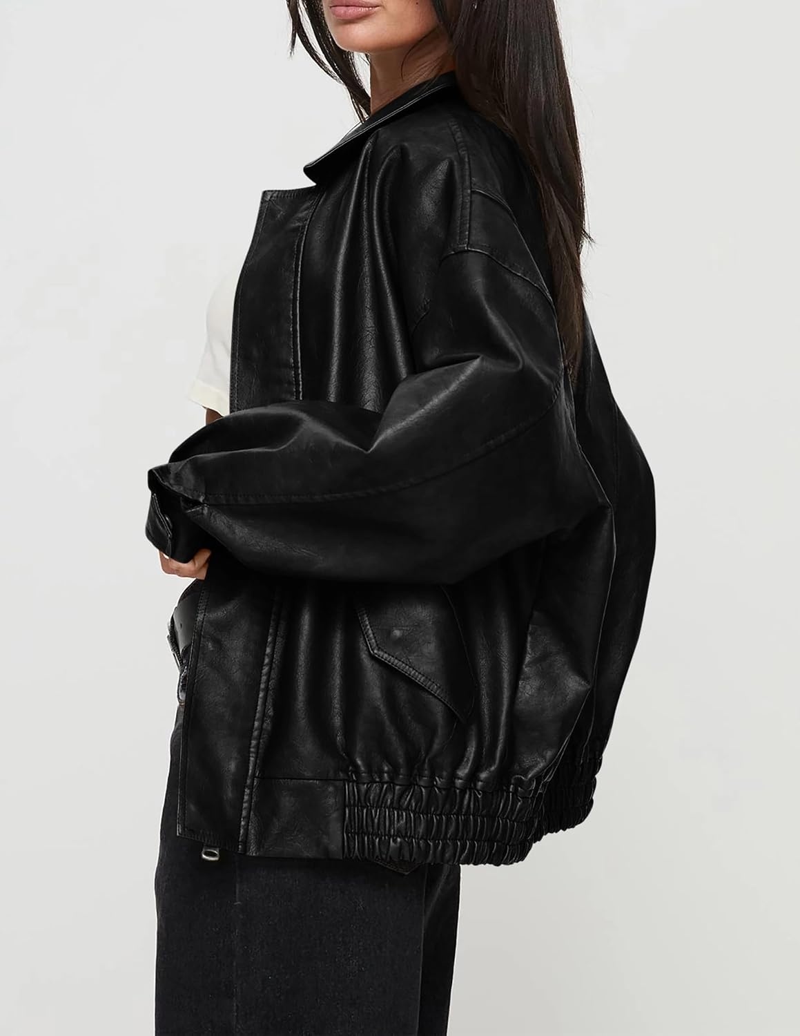 image:imagePRETTYGARDEN Womens Faux Leather Motorcycle Jackets Trendy Fall Spring Clothes Long Sleeve Collared Zip Up Buttons Loose Fit Oversized Jacket Winter Coats Going Out OutfitsBlack