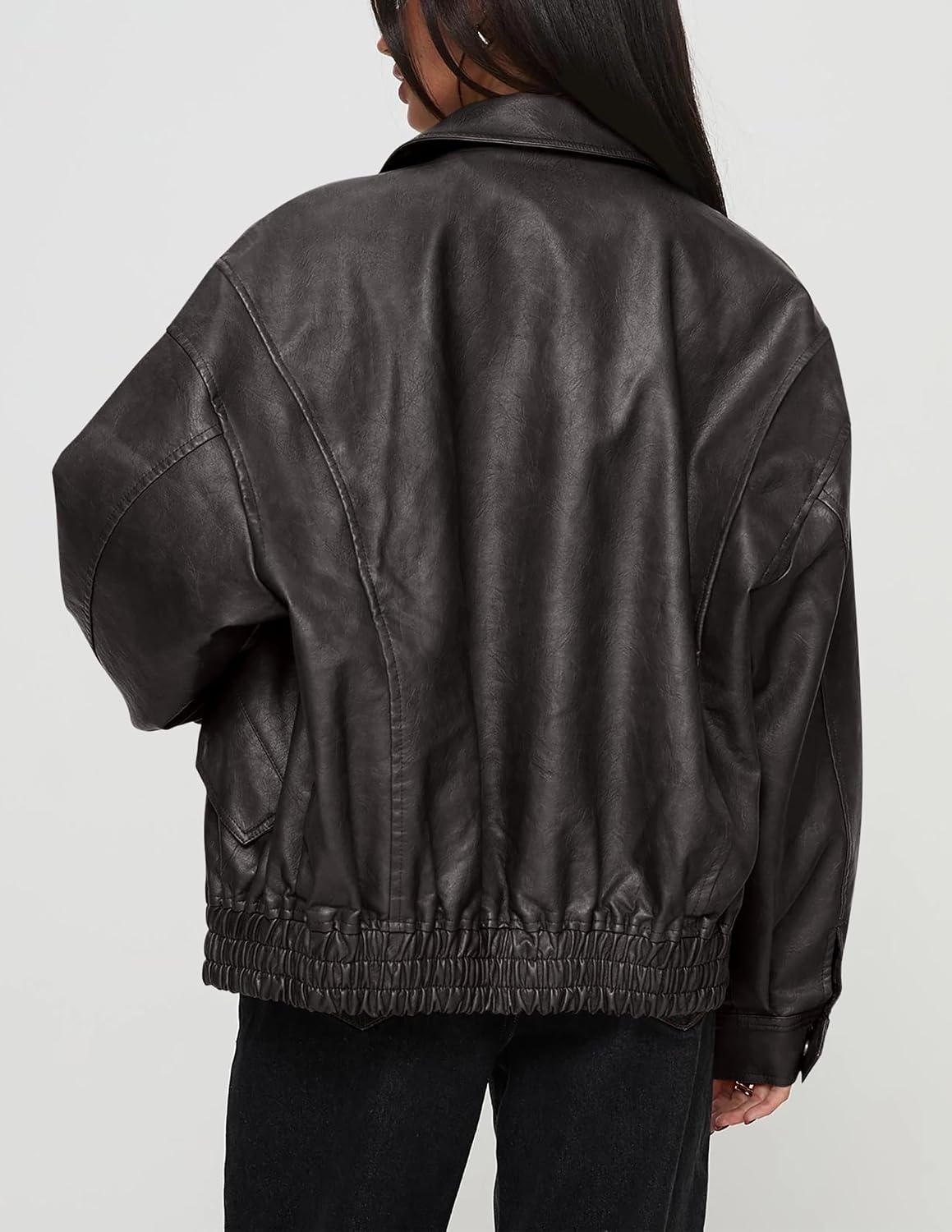 image:imagePRETTYGARDEN Womens Faux Leather Motorcycle Jackets Trendy Fall Spring Clothes Long Sleeve Collared Zip Up Buttons Loose Fit Oversized Jacket Winter Coats Going Out OutfitsGrey