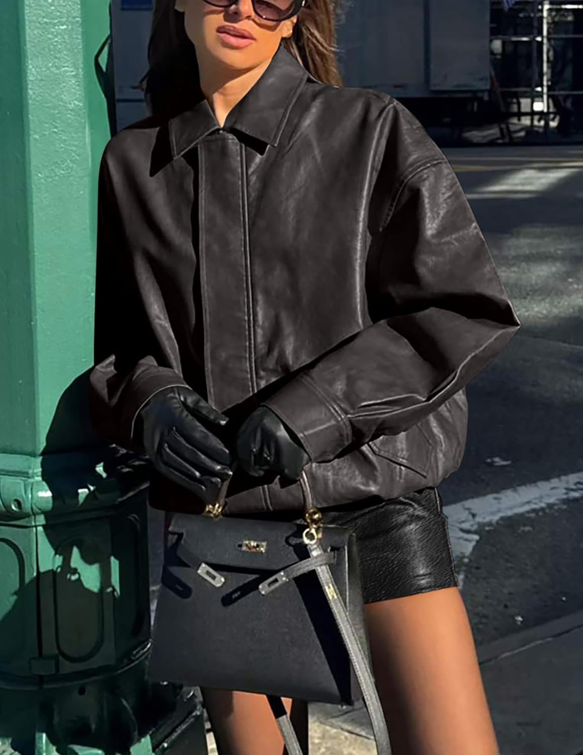 image:imagePRETTYGARDEN Womens Faux Leather Motorcycle Jackets Trendy Fall Spring Clothes Long Sleeve Collared Zip Up Buttons Loose Fit Oversized Jacket Winter Coats Going Out OutfitsGrey