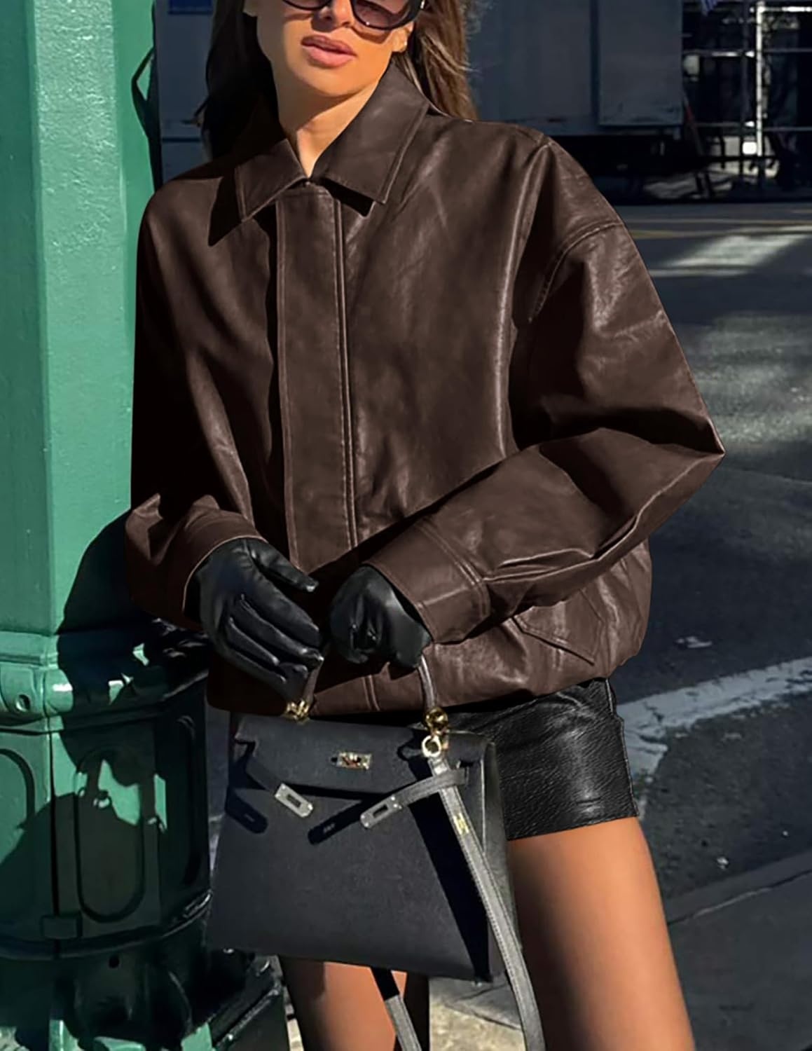 image:imagePRETTYGARDEN Womens Faux Leather Motorcycle Jackets Trendy Fall Spring Clothes Long Sleeve Collared Zip Up Buttons Loose Fit Oversized Jacket Winter Coats Going Out OutfitsDark Coffee