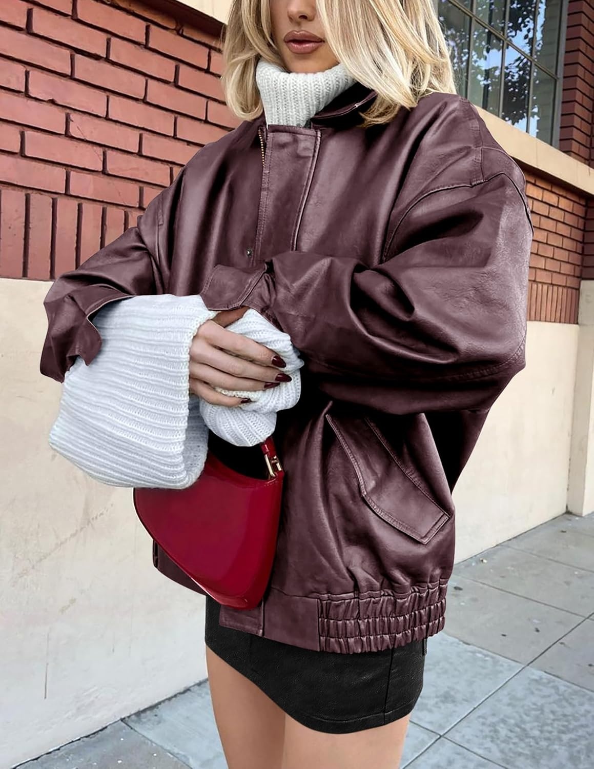 image:imagePRETTYGARDEN Womens Faux Leather Motorcycle Jackets Trendy Fall Spring Clothes Long Sleeve Collared Zip Up Buttons Loose Fit Oversized Jacket Winter Coats Going Out OutfitsPurple