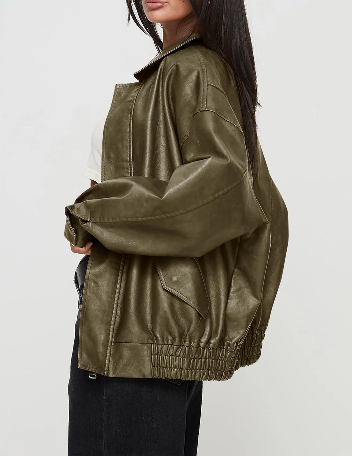 image:imagePRETTYGARDEN Womens Faux Leather Motorcycle Jackets Trendy Fall Spring Clothes Long Sleeve Collared Zip Up Buttons Loose Fit Oversized Jacket Winter Coats Going Out OutfitsArmy Green