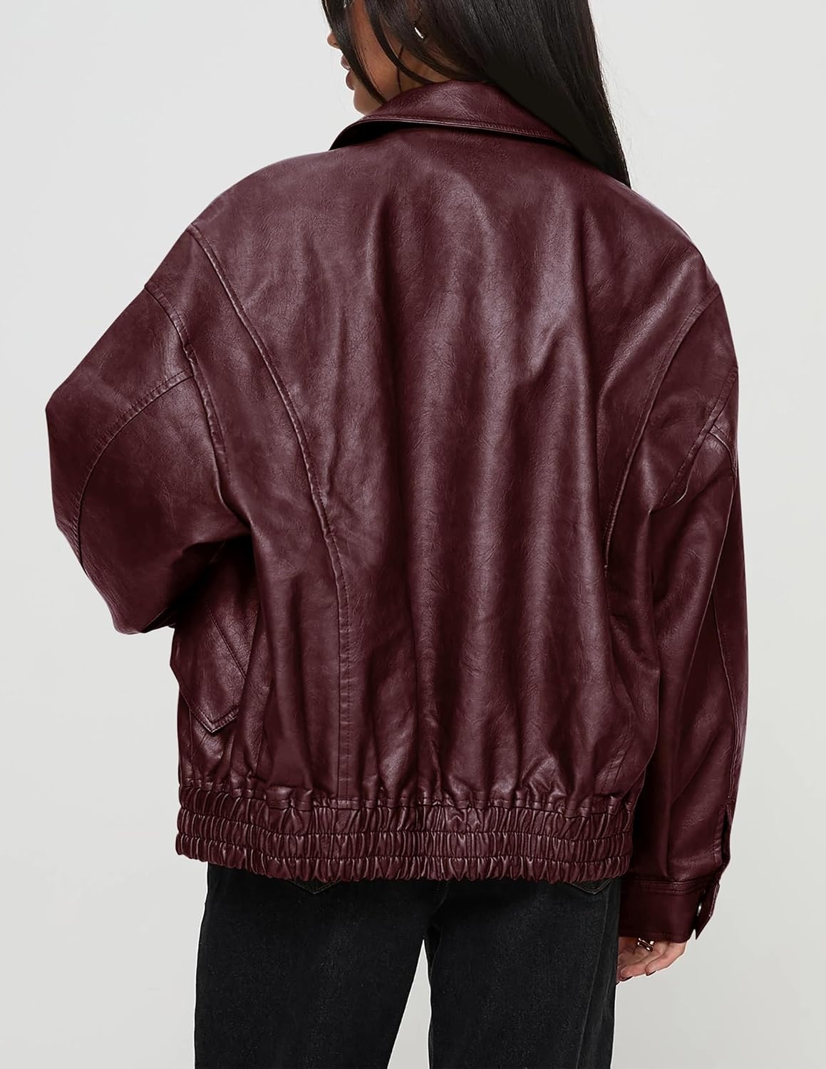 image:imagePRETTYGARDEN Womens Faux Leather Motorcycle Jackets Trendy Fall Spring Clothes Long Sleeve Collared Zip Up Buttons Loose Fit Oversized Jacket Winter Coats Going Out OutfitsWine Red
