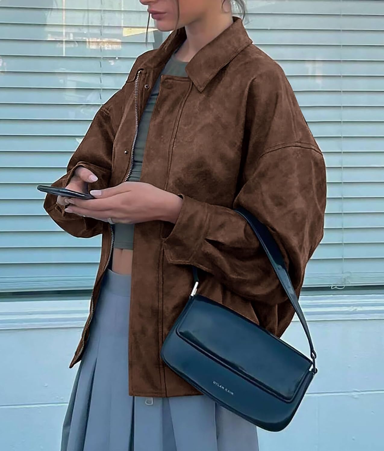 image:imagePRETTYGARDEN Womens Faux Leather Motorcycle Jackets Trendy Fall Spring Clothes Long Sleeve Collared Zip Up Buttons Loose Fit Oversized Jacket Winter Coats Going Out OutfitsStyle2brown