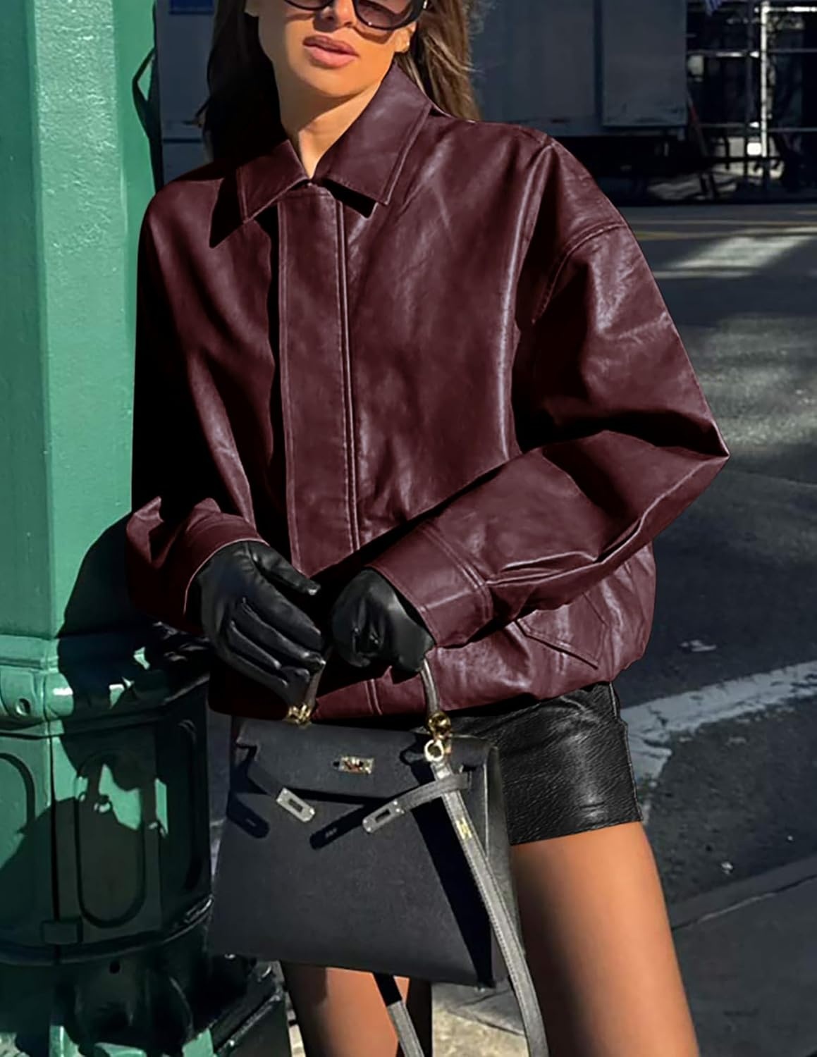 image:imagePRETTYGARDEN Womens Faux Leather Motorcycle Jackets Trendy Fall Spring Clothes Long Sleeve Collared Zip Up Buttons Loose Fit Oversized Jacket Winter Coats Going Out OutfitsWine Red
