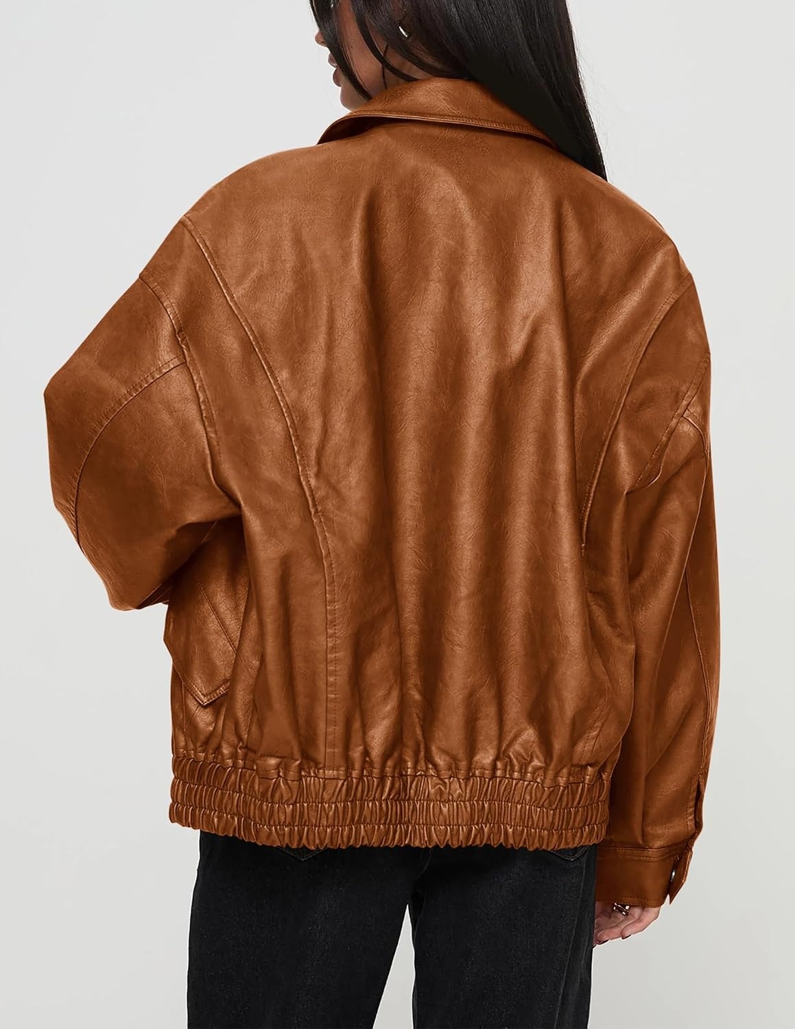image:imagePRETTYGARDEN Womens Faux Leather Motorcycle Jackets Trendy Fall Spring Clothes Long Sleeve Collared Zip Up Buttons Loose Fit Oversized Jacket Winter Coats Going Out OutfitsBrown