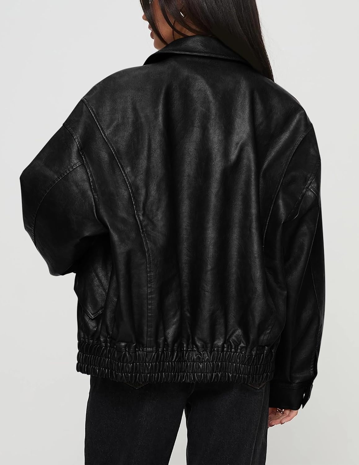 image:imagePRETTYGARDEN Womens Faux Leather Motorcycle Jackets Trendy Fall Spring Clothes Long Sleeve Collared Zip Up Buttons Loose Fit Oversized Jacket Winter Coats Going Out OutfitsBlack