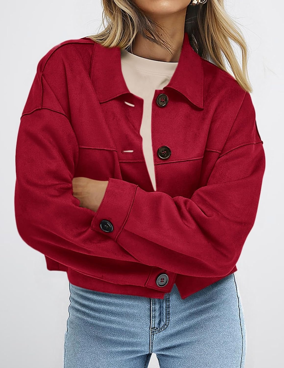 image:imagePRETTYGARDEN Womens Faux Suede Lightweight Cropped Jacket Button Down Collared Shacket Oversized Casual Outerwear Patch Pocket Transitional Layering Piece for Spring Fall amp WinterRed