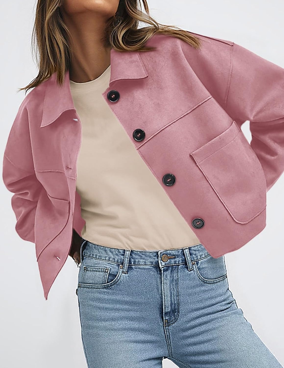 image:imagePRETTYGARDEN Womens Faux Suede Lightweight Cropped Jacket Button Down Collared Shacket Oversized Casual Outerwear Patch Pocket Transitional Layering Piece for Spring Fall amp WinterPink
