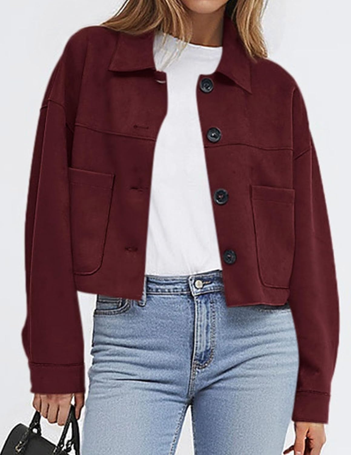 image:imagePRETTYGARDEN Womens Faux Suede Lightweight Cropped Jacket Button Down Collared Shacket Oversized Casual Outerwear Patch Pocket Transitional Layering Piece for Spring Fall amp WinterBurgundy