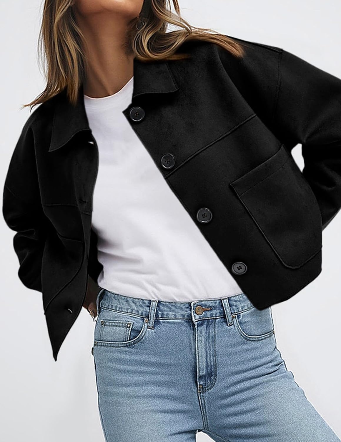 image:imagePRETTYGARDEN Womens Faux Suede Lightweight Cropped Jacket Button Down Collared Shacket Oversized Casual Outerwear Patch Pocket Transitional Layering Piece for Spring Fall amp WinterBlack