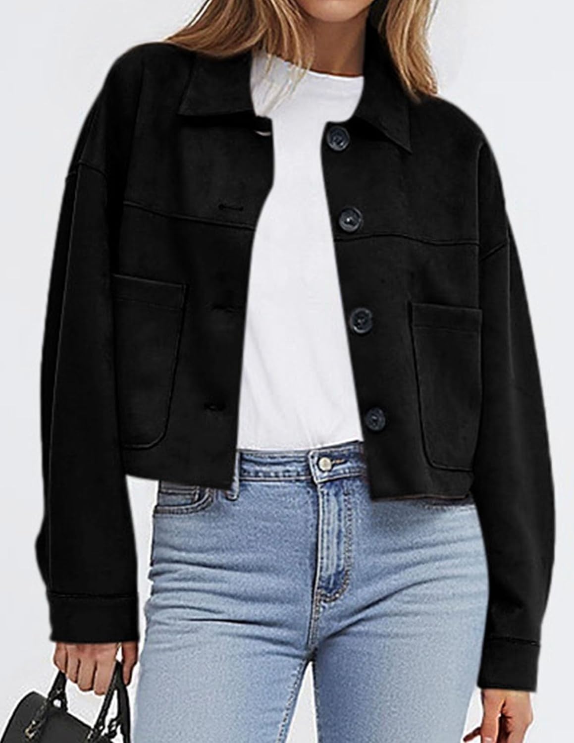 image:imagePRETTYGARDEN Womens Faux Suede Lightweight Cropped Jacket Button Down Collared Shacket Oversized Casual Outerwear Patch Pocket Transitional Layering Piece for Spring Fall amp WinterBlack