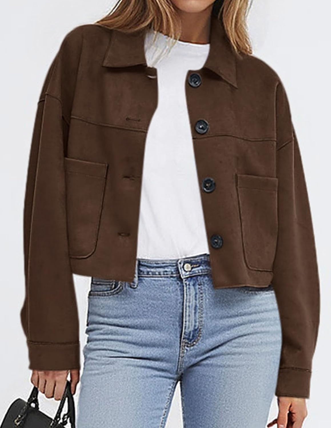 image:imagePRETTYGARDEN Womens Faux Suede Lightweight Cropped Jacket Button Down Collared Shacket Oversized Casual Outerwear Patch Pocket Transitional Layering Piece for Spring Fall amp WinterDark Brown