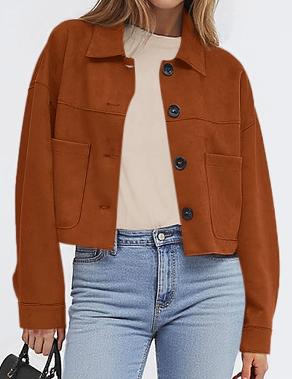 image:imagePRETTYGARDEN Womens Faux Suede Lightweight Cropped Jacket Button Down Collared Shacket Oversized Casual Outerwear Patch Pocket Transitional Layering Piece for Spring Fall amp WinterBurnt Orange