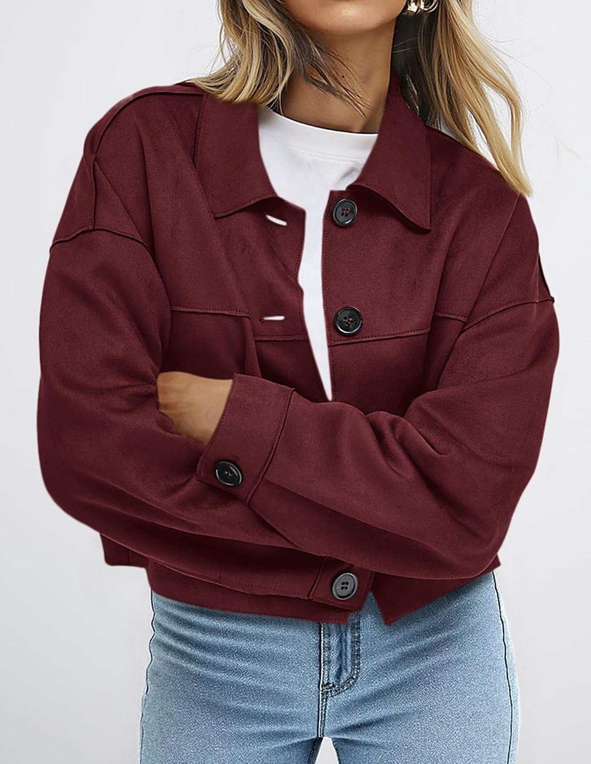 image:imagePRETTYGARDEN Womens Faux Suede Lightweight Cropped Jacket Button Down Collared Shacket Oversized Casual Outerwear Patch Pocket Transitional Layering Piece for Spring Fall amp WinterBurgundy