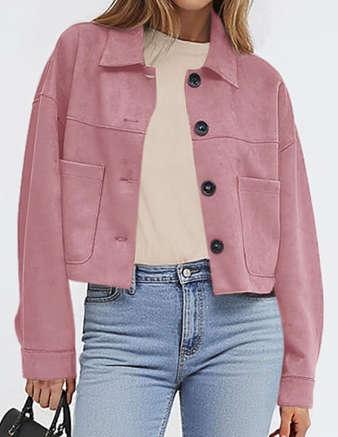 image:imagePRETTYGARDEN Womens Faux Suede Lightweight Cropped Jacket Button Down Collared Shacket Oversized Casual Outerwear Patch Pocket Transitional Layering Piece for Spring Fall amp WinterPink