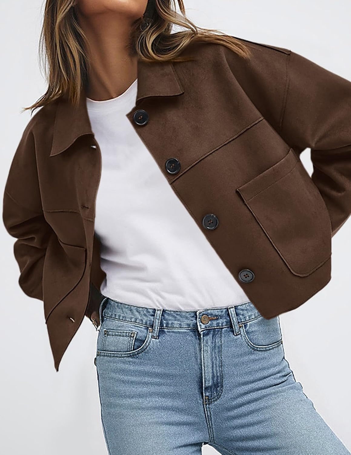 image:imagePRETTYGARDEN Womens Faux Suede Lightweight Cropped Jacket Button Down Collared Shacket Oversized Casual Outerwear Patch Pocket Transitional Layering Piece for Spring Fall amp WinterDark Brown