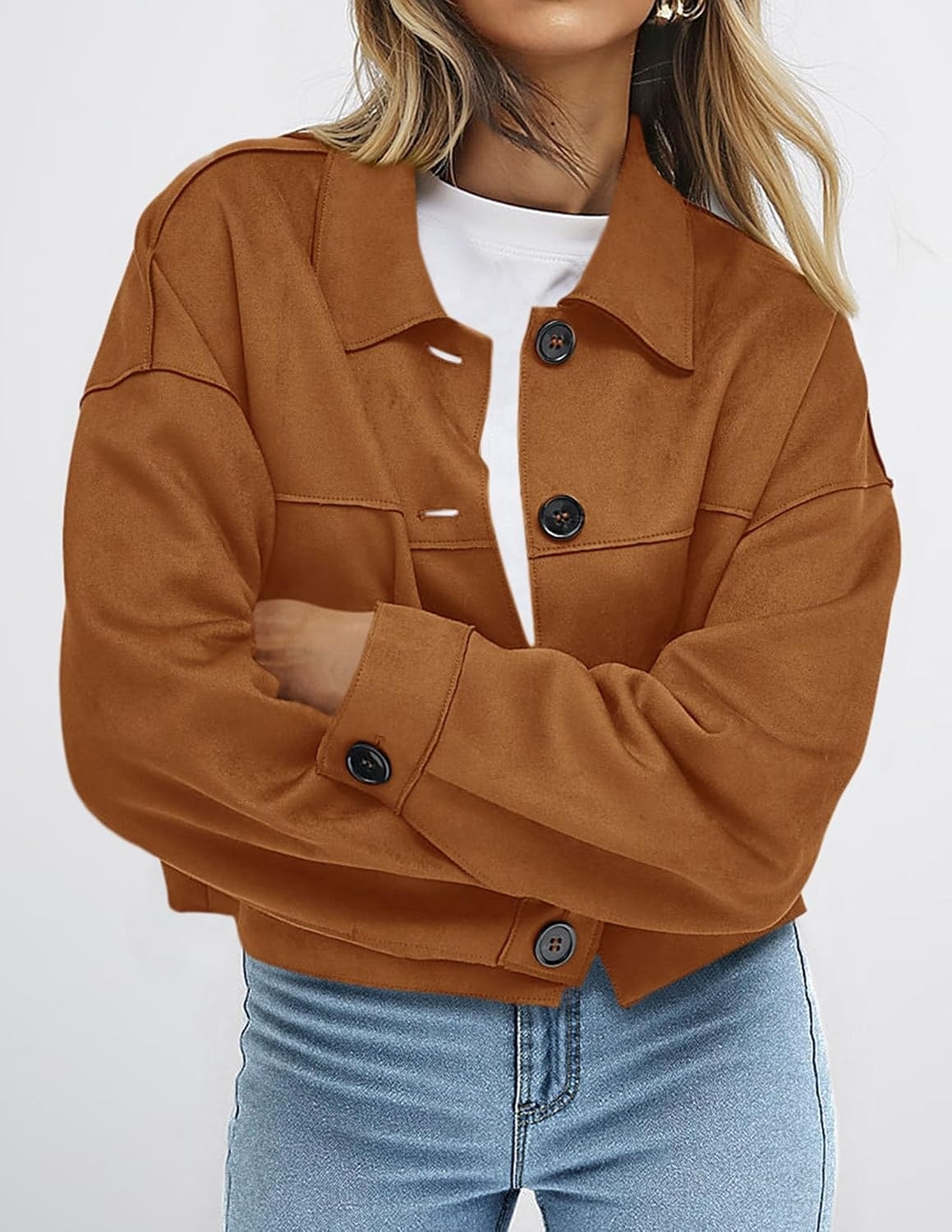 image:imagePRETTYGARDEN Womens Faux Suede Lightweight Cropped Jacket Button Down Collared Shacket Oversized Casual Outerwear Patch Pocket Transitional Layering Piece for Spring Fall amp WinterBrown