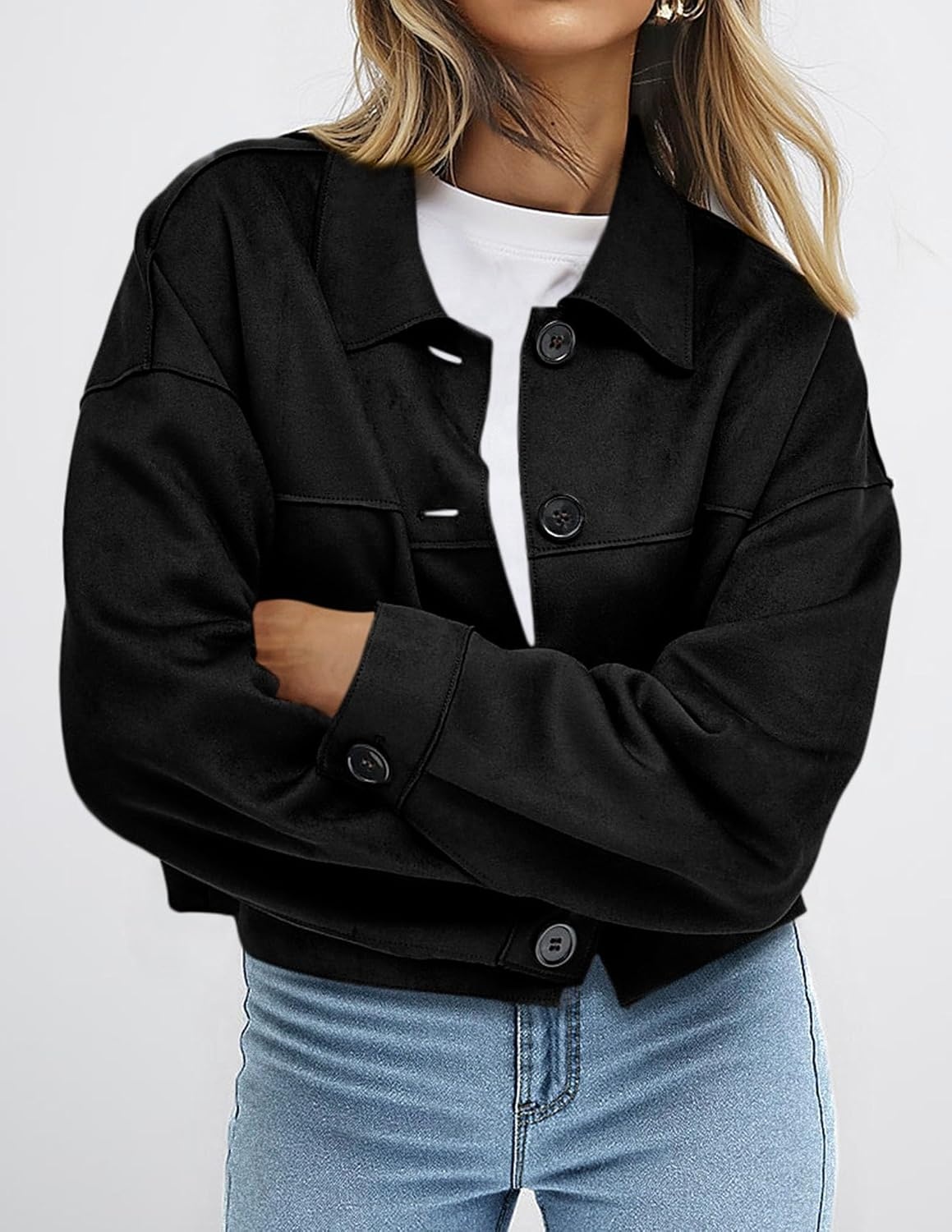 image:imagePRETTYGARDEN Womens Faux Suede Lightweight Cropped Jacket Button Down Collared Shacket Oversized Casual Outerwear Patch Pocket Transitional Layering Piece for Spring Fall amp WinterBlack