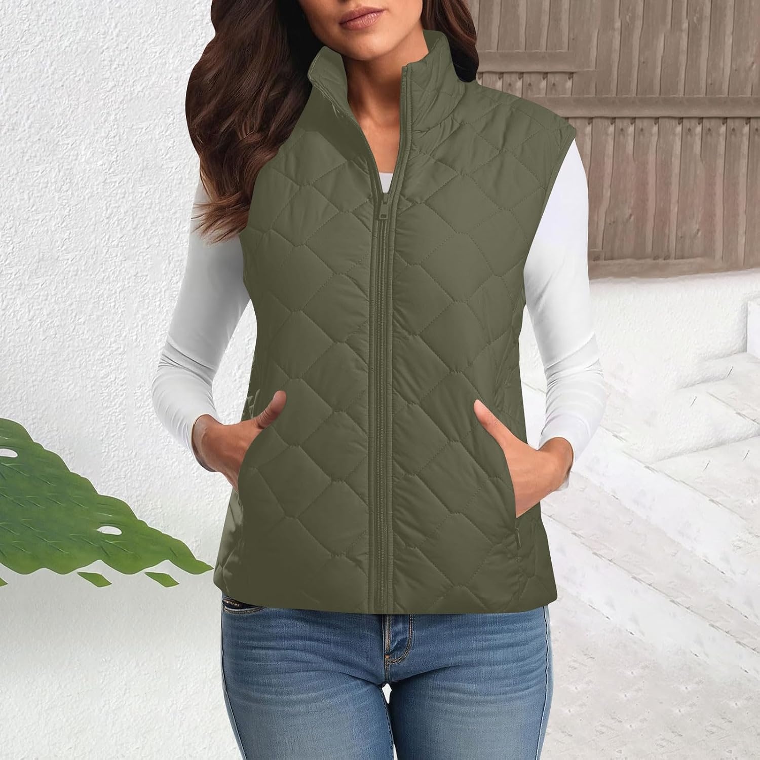 image:imagePuffer Vest Women Sleeveless Zip Up Outerwear Stand Collar Quilted Fall Vest Warm Winter Jackets Coats with PocketsArmy Green