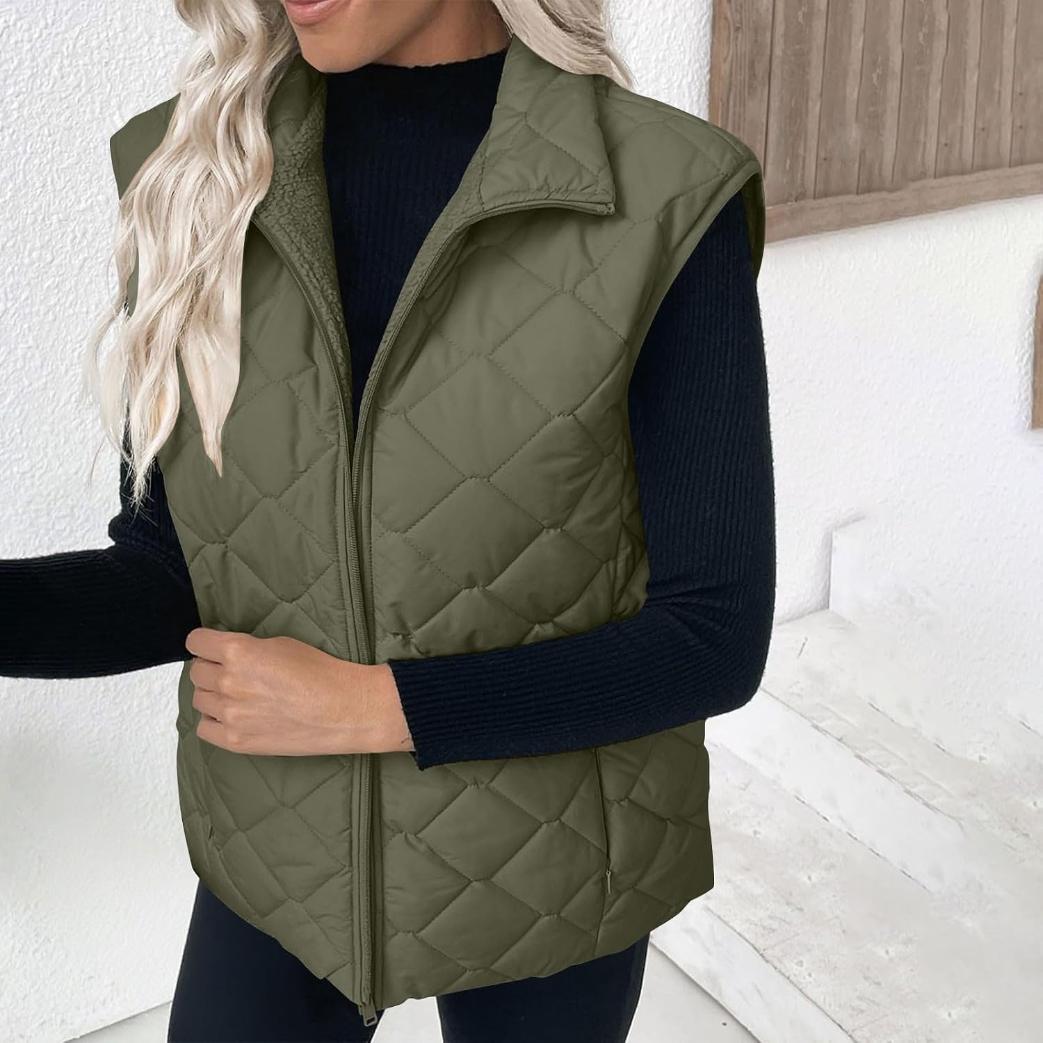 image:imagePuffer Vest Women Sleeveless Zip Up Outerwear Stand Collar Quilted Fall Vest Warm Winter Jackets Coats with PocketsArmy Green