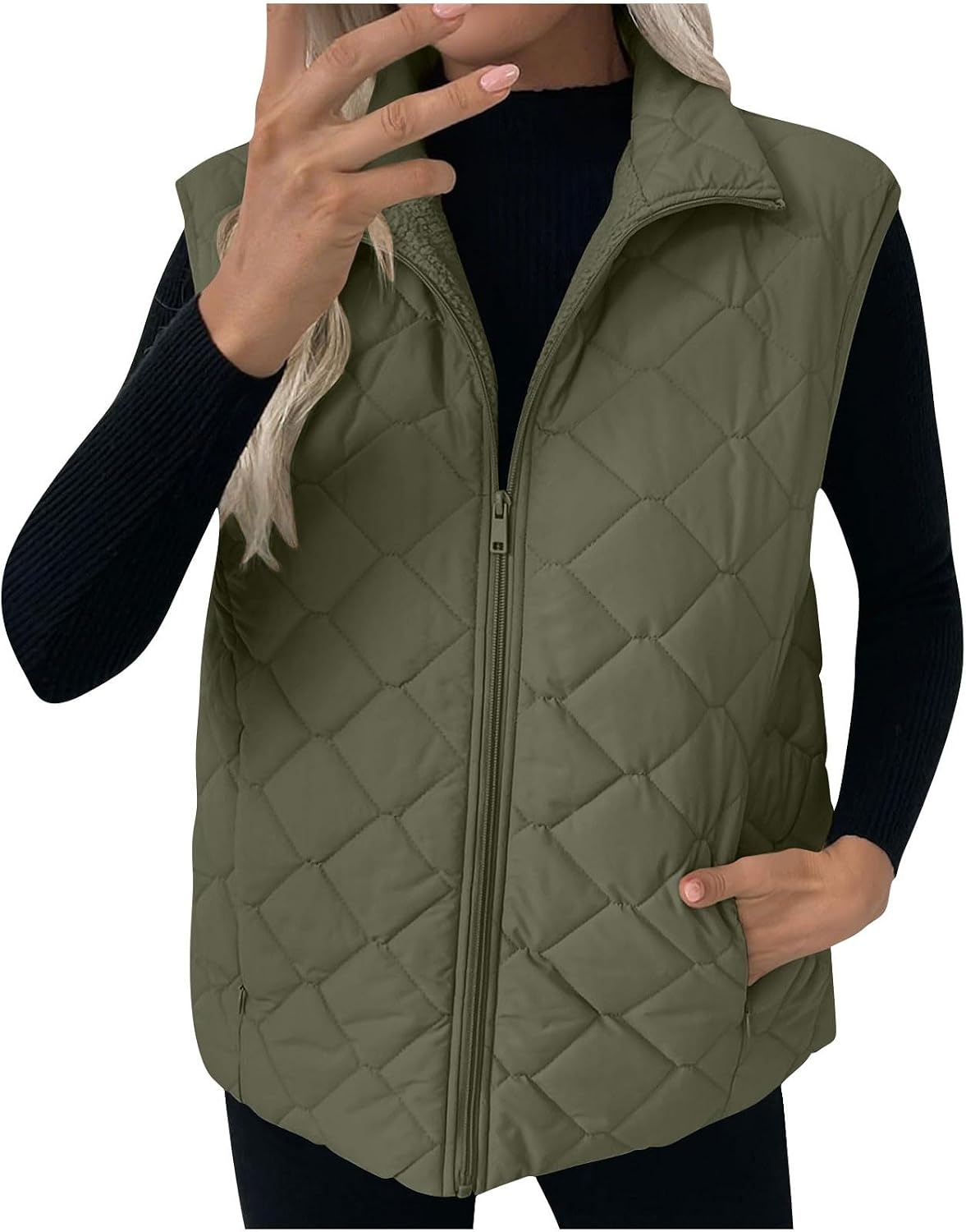 image:imagePuffer Vest Women Sleeveless Zip Up Outerwear Stand Collar Quilted Fall Vest Warm Winter Jackets Coats with PocketsArmy Green