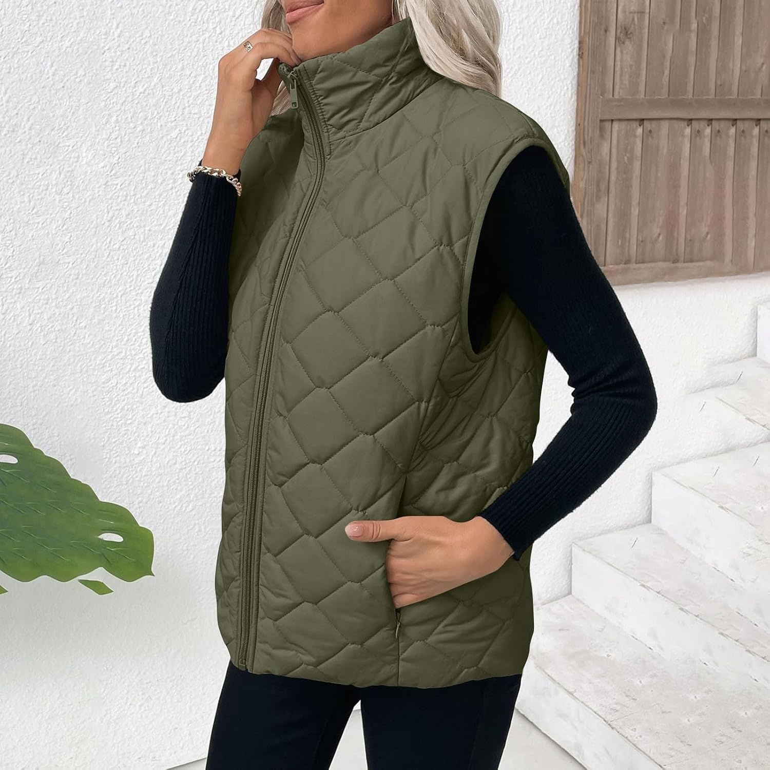 image:imagePuffer Vest Women Sleeveless Zip Up Outerwear Stand Collar Quilted Fall Vest Warm Winter Jackets Coats with PocketsArmy Green