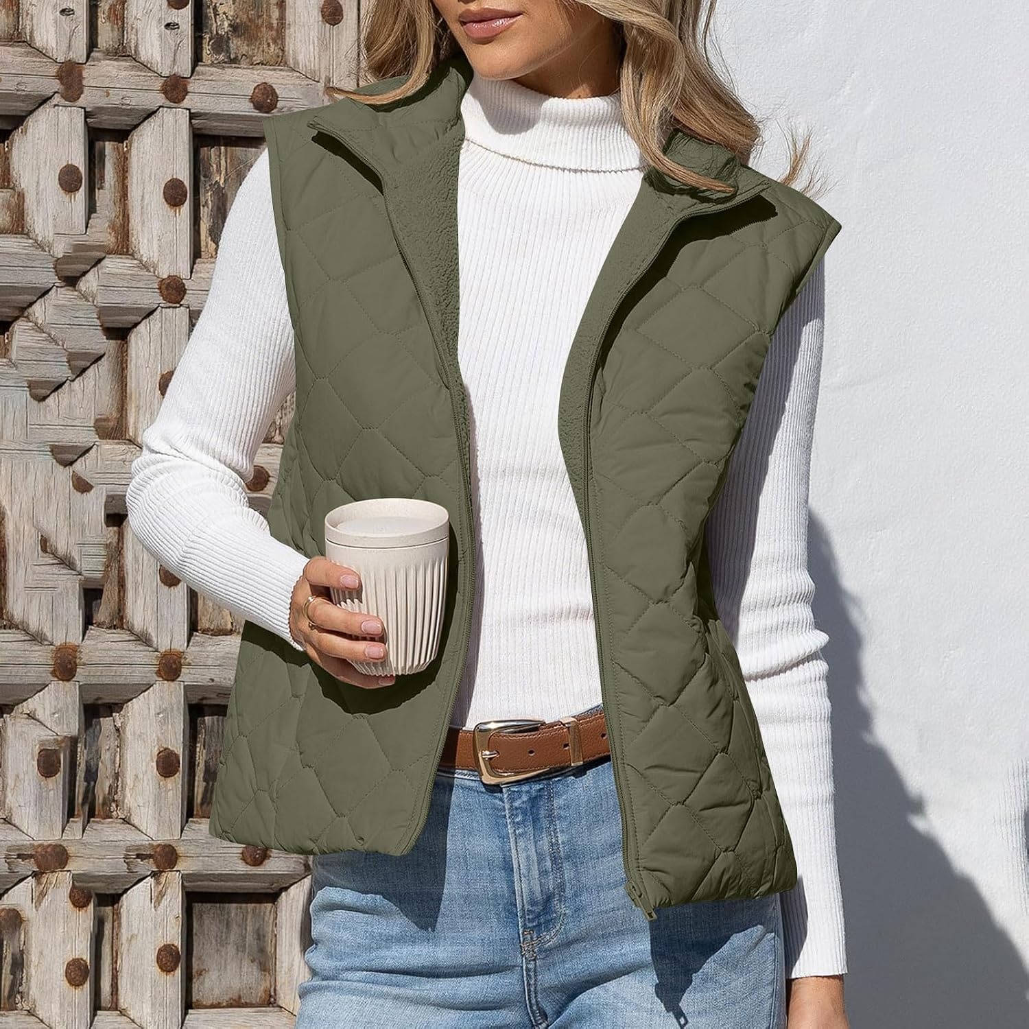 image:imagePuffer Vest Women Sleeveless Zip Up Outerwear Stand Collar Quilted Fall Vest Warm Winter Jackets Coats with PocketsArmy Green