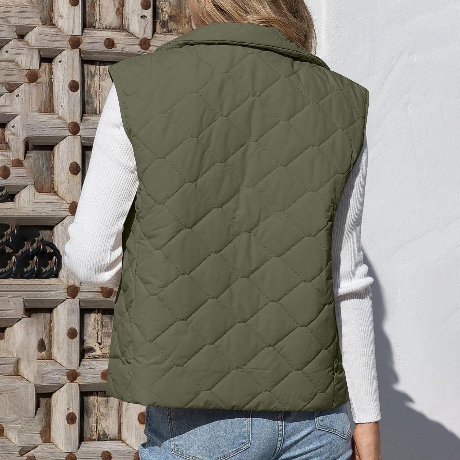 image:imagePuffer Vest Women Sleeveless Zip Up Outerwear Stand Collar Quilted Fall Vest Warm Winter Jackets Coats with PocketsArmy Green