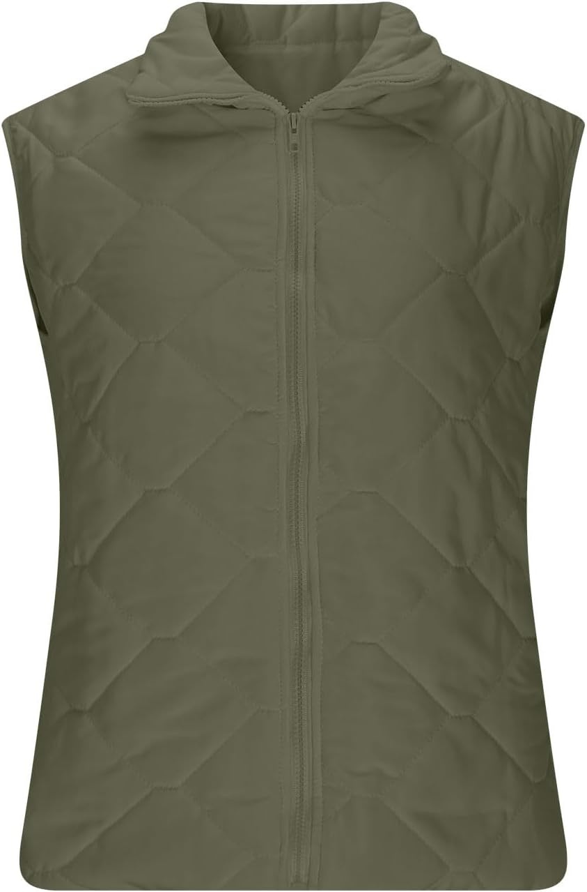 image:imagePuffer Vest Women Sleeveless Zip Up Outerwear Stand Collar Quilted Fall Vest Warm Winter Jackets Coats with PocketsArmy Green
