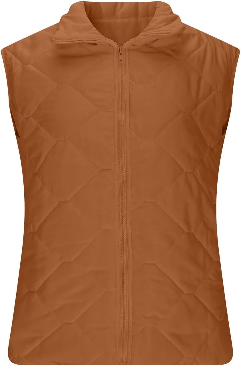 image:imagePuffer Vest Women Sleeveless Zip Up Outerwear Stand Collar Quilted Fall Vest Warm Winter Jackets Coats with PocketsBrown