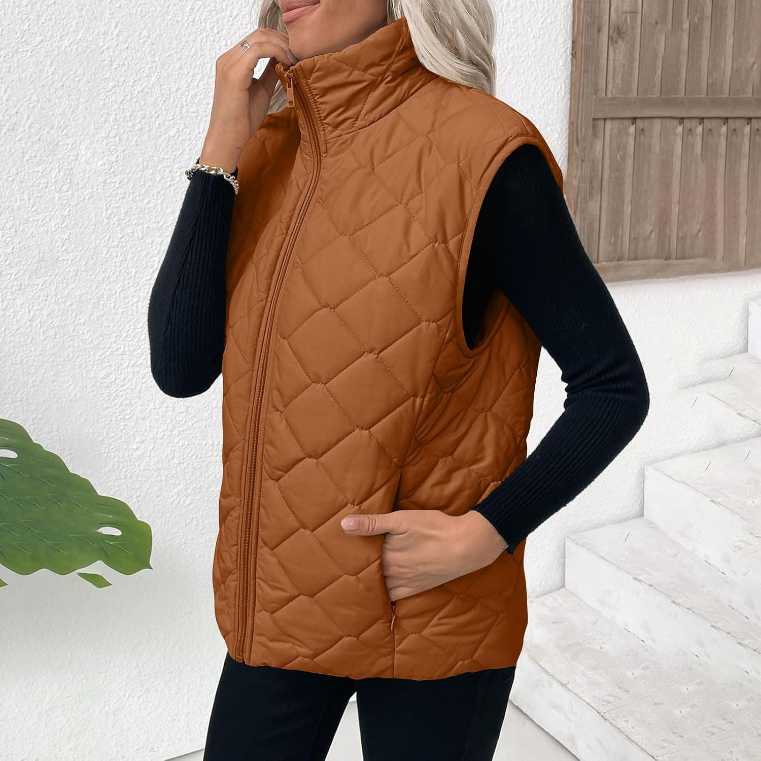 image:imagePuffer Vest Women Sleeveless Zip Up Outerwear Stand Collar Quilted Fall Vest Warm Winter Jackets Coats with PocketsBrown