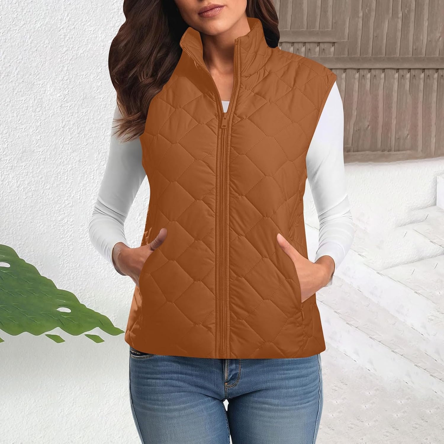 image:imagePuffer Vest Women Sleeveless Zip Up Outerwear Stand Collar Quilted Fall Vest Warm Winter Jackets Coats with PocketsBrown