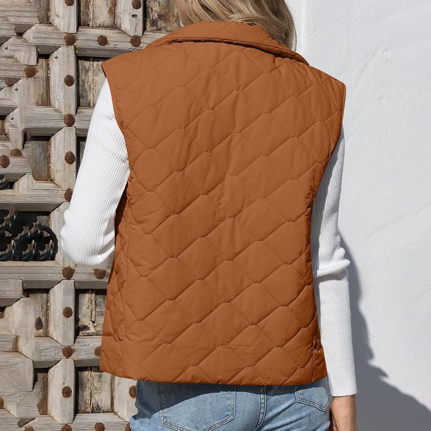 image:imagePuffer Vest Women Sleeveless Zip Up Outerwear Stand Collar Quilted Fall Vest Warm Winter Jackets Coats with PocketsBrown