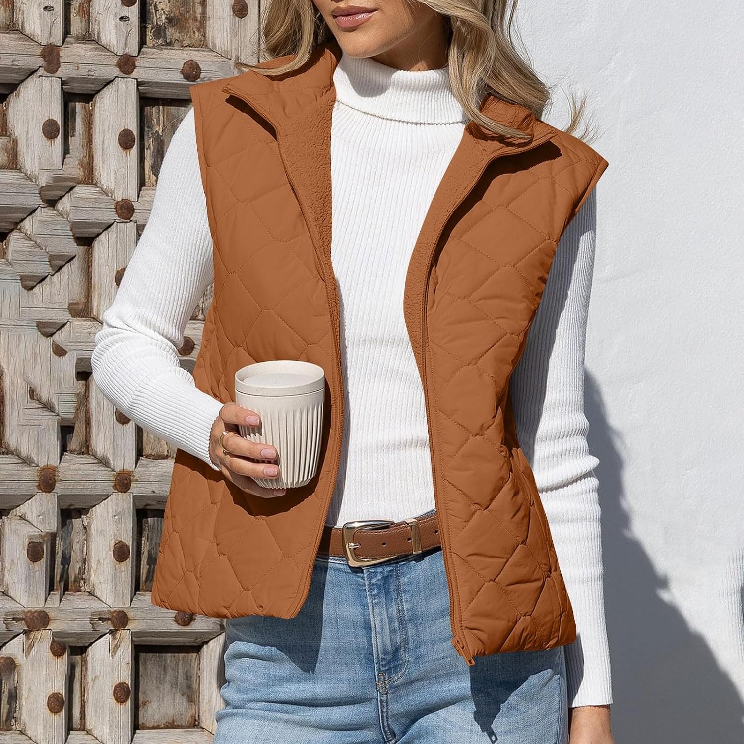 image:imagePuffer Vest Women Sleeveless Zip Up Outerwear Stand Collar Quilted Fall Vest Warm Winter Jackets Coats with PocketsBrown