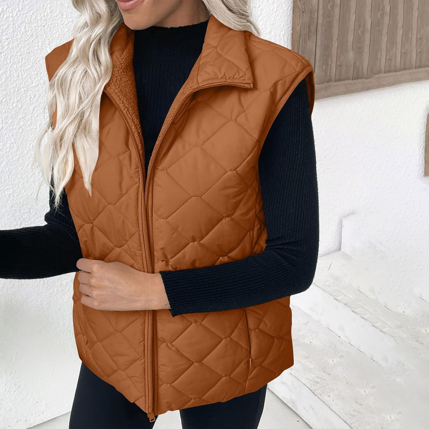 image:imagePuffer Vest Women Sleeveless Zip Up Outerwear Stand Collar Quilted Fall Vest Warm Winter Jackets Coats with PocketsBrown