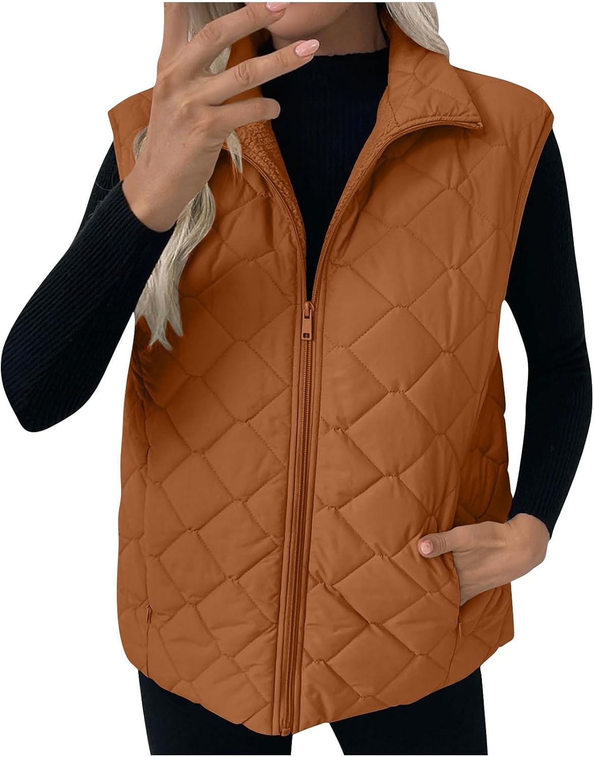 image:imagePuffer Vest Women Sleeveless Zip Up Outerwear Stand Collar Quilted Fall Vest Warm Winter Jackets Coats with PocketsBrown