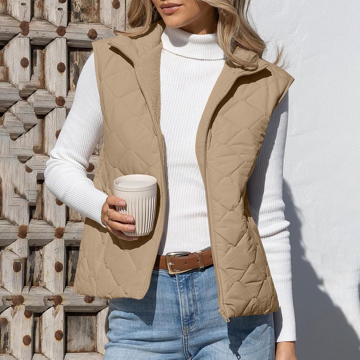 image:imagePuffer Vest Women Sleeveless Zip Up Outerwear Stand Collar Quilted Fall Vest Warm Winter Jackets Coats with PocketsKhaki