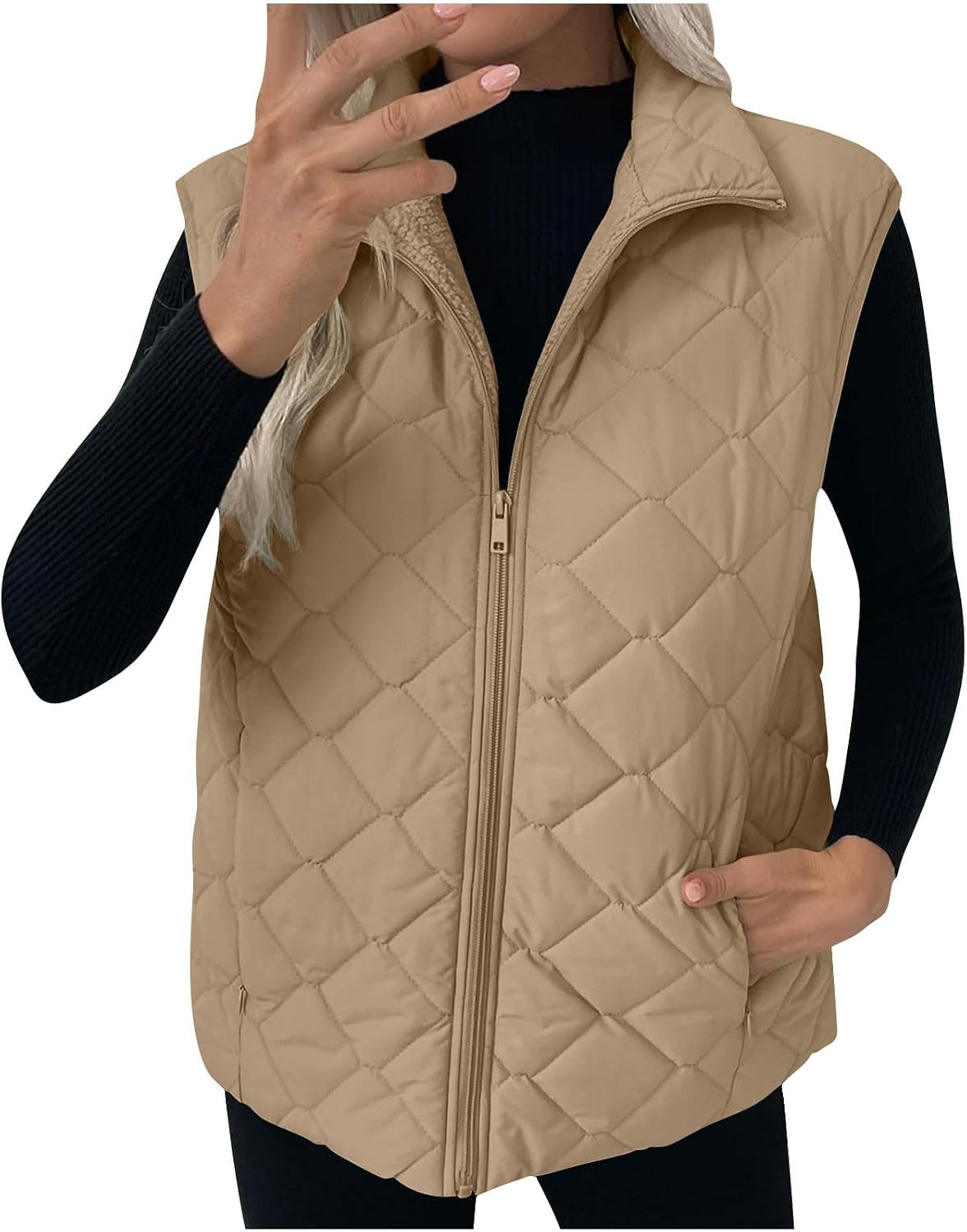 image:imagePuffer Vest Women Sleeveless Zip Up Outerwear Stand Collar Quilted Fall Vest Warm Winter Jackets Coats with PocketsKhaki