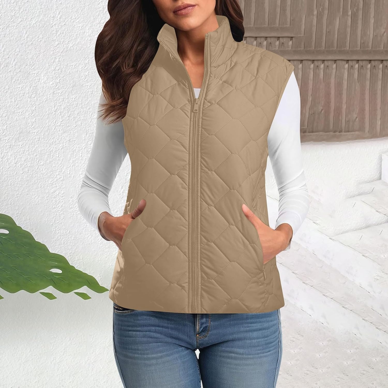 image:imagePuffer Vest Women Sleeveless Zip Up Outerwear Stand Collar Quilted Fall Vest Warm Winter Jackets Coats with PocketsKhaki
