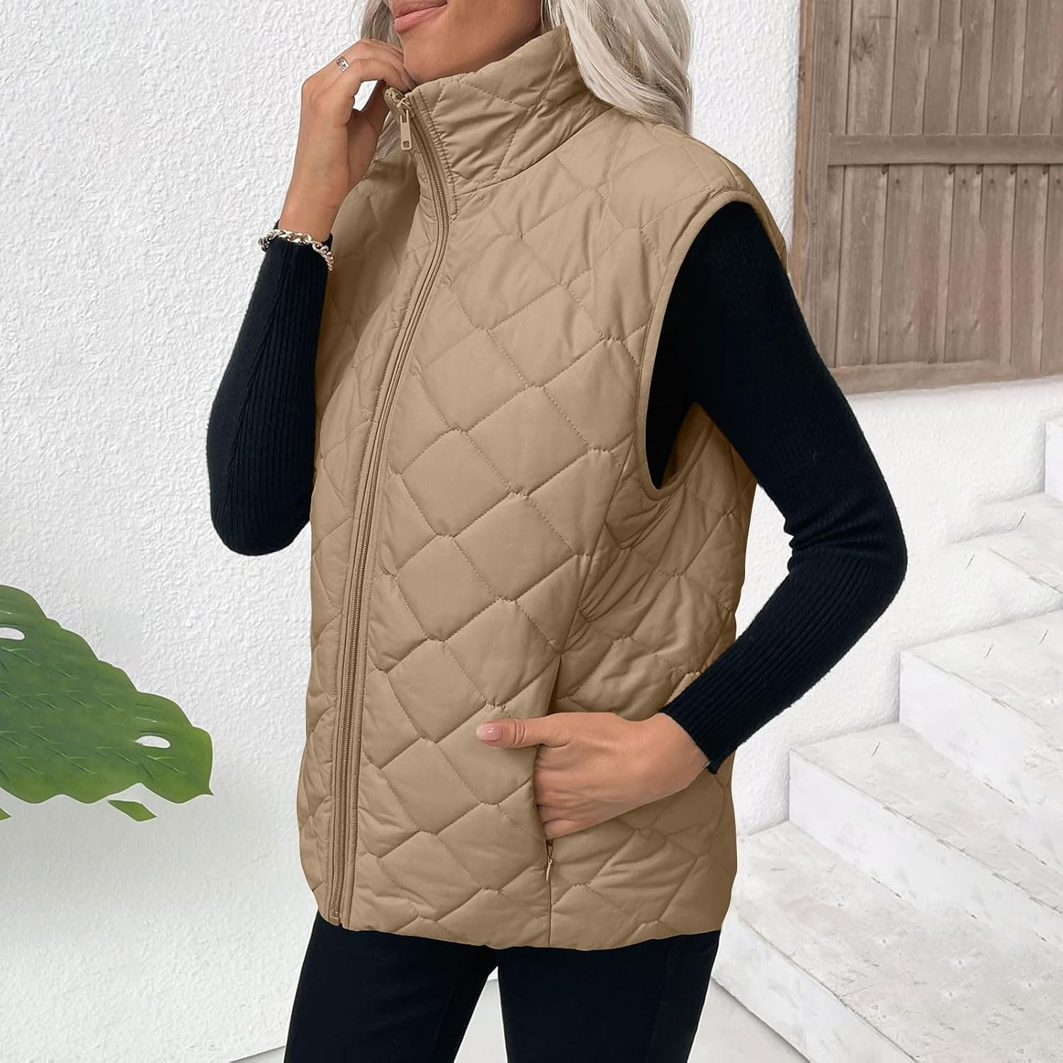 image:imagePuffer Vest Women Sleeveless Zip Up Outerwear Stand Collar Quilted Fall Vest Warm Winter Jackets Coats with PocketsKhaki