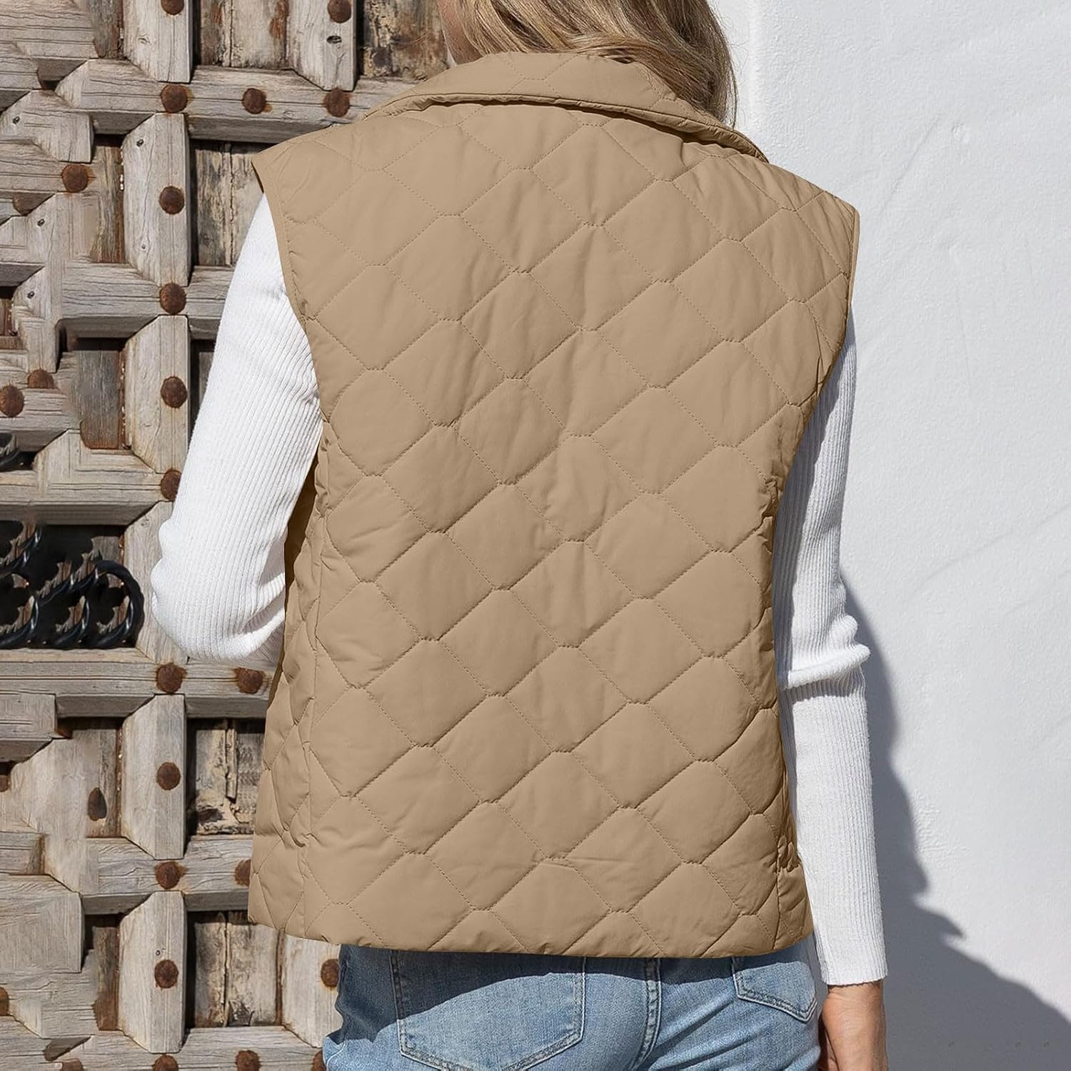 image:imagePuffer Vest Women Sleeveless Zip Up Outerwear Stand Collar Quilted Fall Vest Warm Winter Jackets Coats with PocketsKhaki