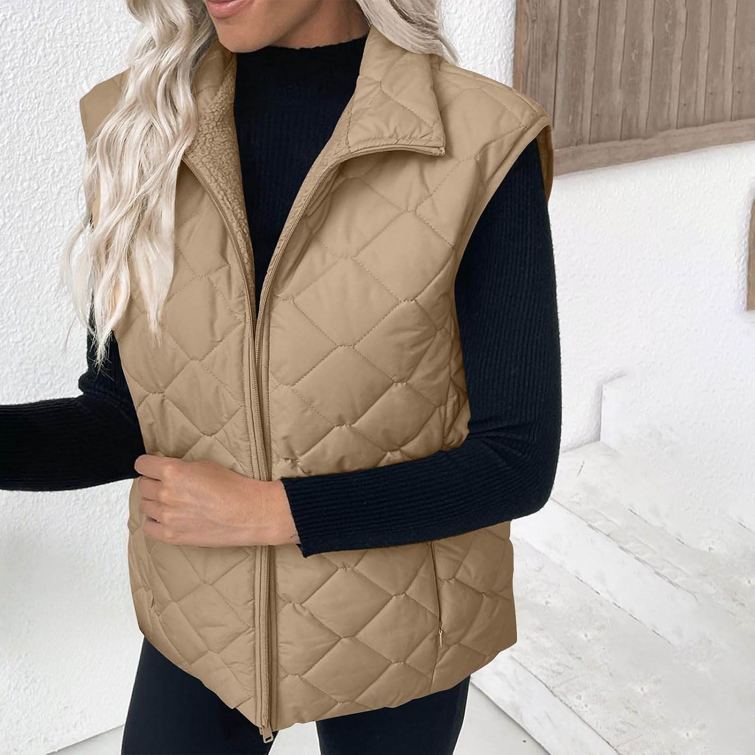 image:imagePuffer Vest Women Sleeveless Zip Up Outerwear Stand Collar Quilted Fall Vest Warm Winter Jackets Coats with PocketsKhaki