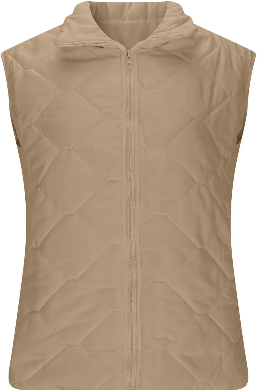 image:imagePuffer Vest Women Sleeveless Zip Up Outerwear Stand Collar Quilted Fall Vest Warm Winter Jackets Coats with PocketsKhaki