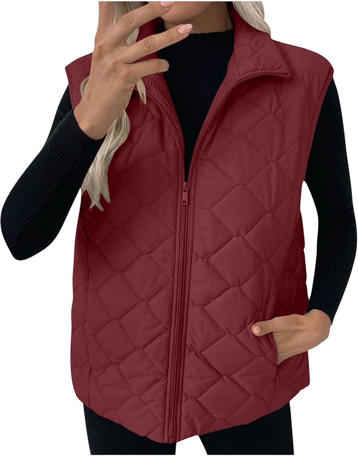 image:imagePuffer Vest Women Sleeveless Zip Up Outerwear Stand Collar Quilted Fall Vest Warm Winter Jackets Coats with PocketsWine