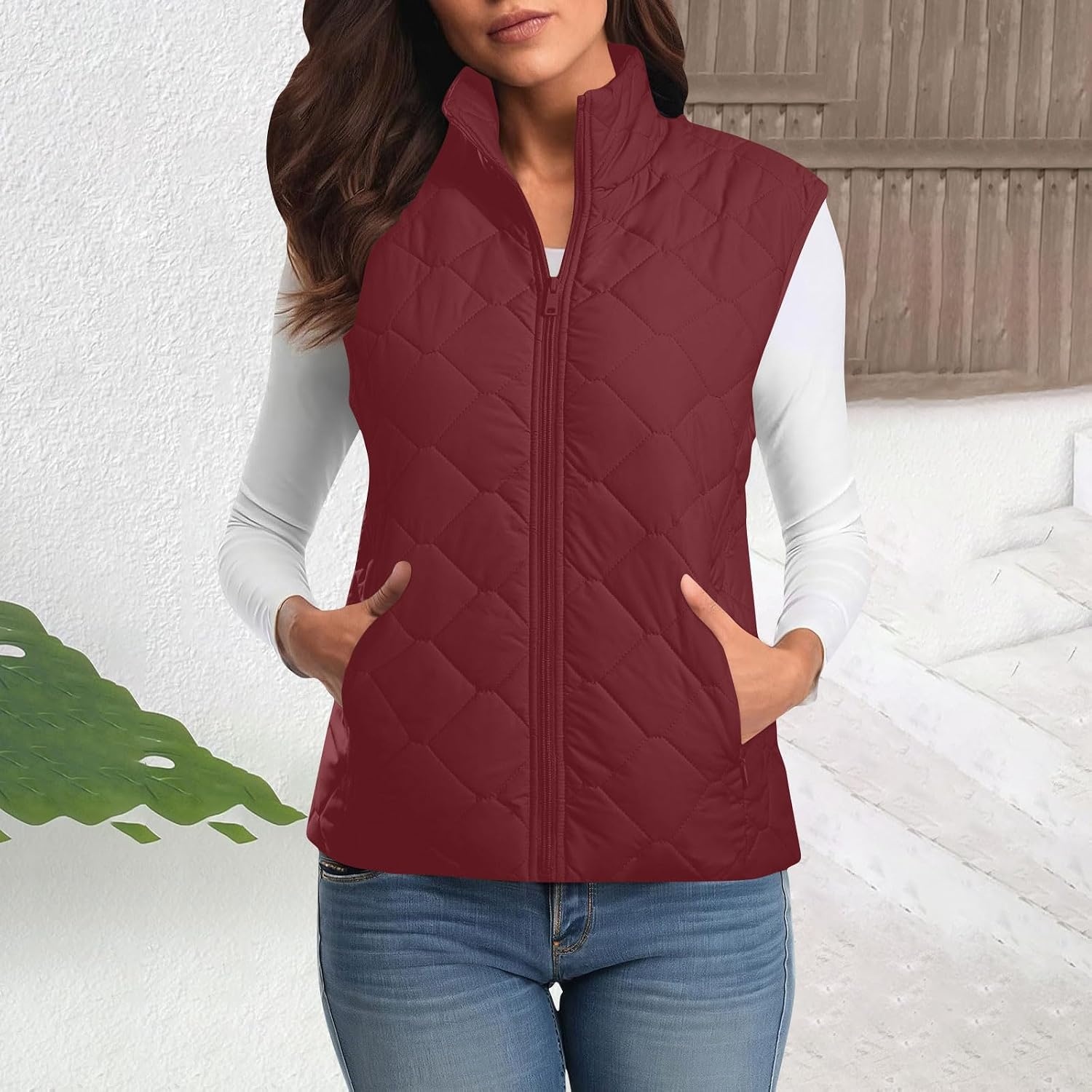 image:imagePuffer Vest Women Sleeveless Zip Up Outerwear Stand Collar Quilted Fall Vest Warm Winter Jackets Coats with PocketsWine